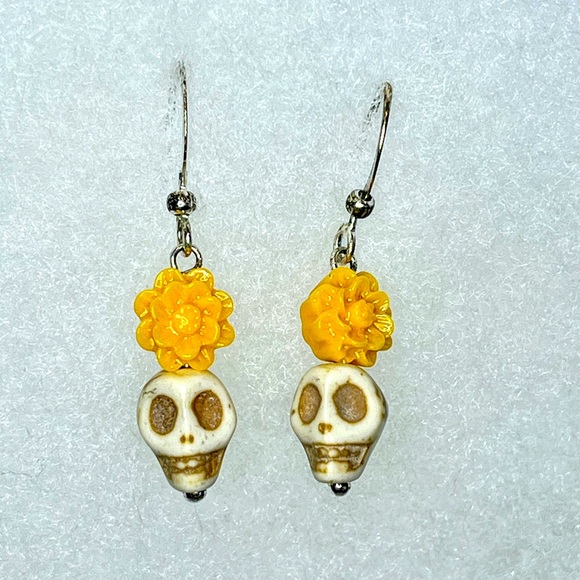 Jewelry - Dainty Skull Day of the Dead Earrings with Yellow Roses